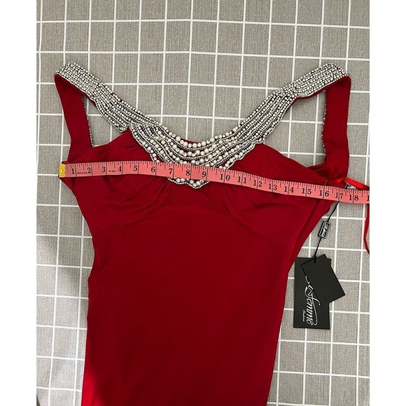 La Femme Red Gemstone Embellished Scooped Back Gown Dress - Picture 7 of 13